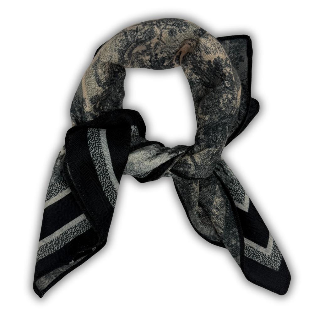 Black & Grey Reversible Wool Neckerchief for Men - Scenic Print & Stripe
