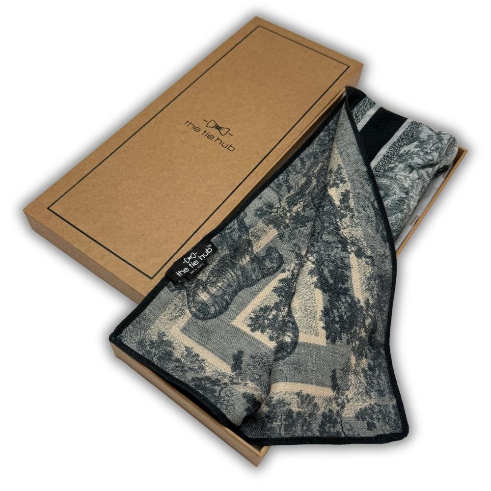Black & Grey Reversible Wool Neckerchief for Men - Scenic Print & Stripe