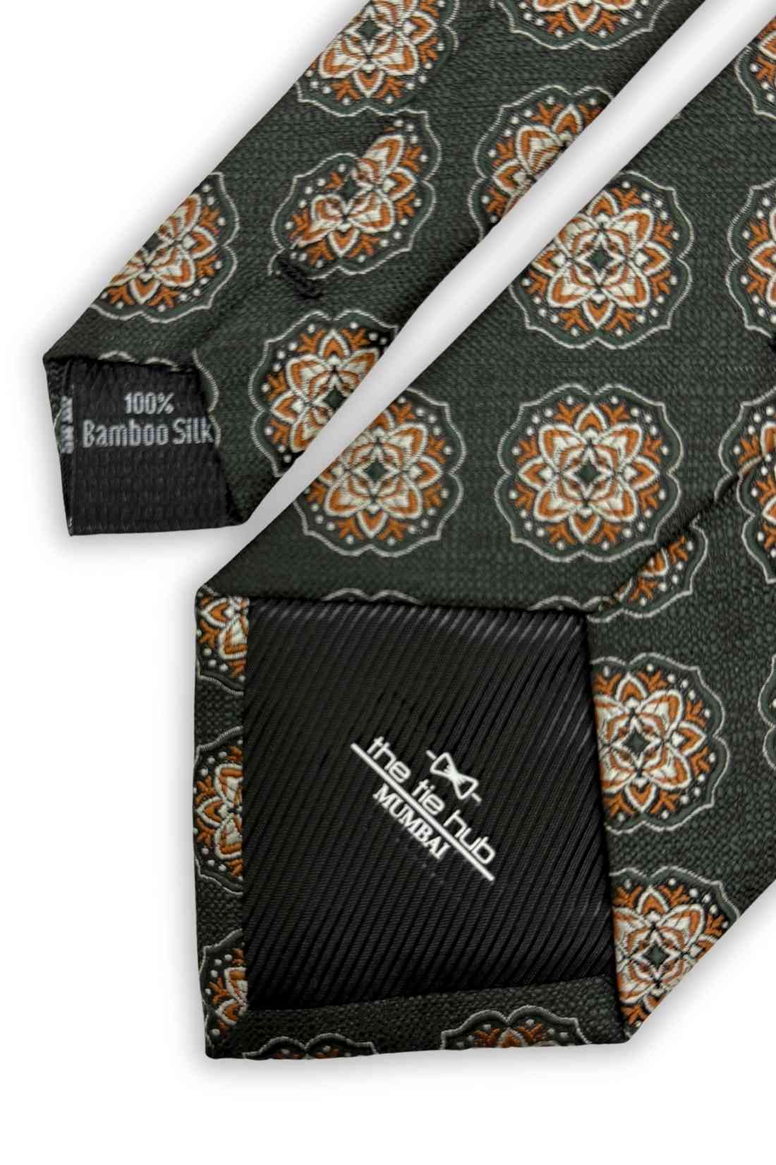 Dark Green Bamboo Silk Necktie For Men | Medallion Jacquard Design