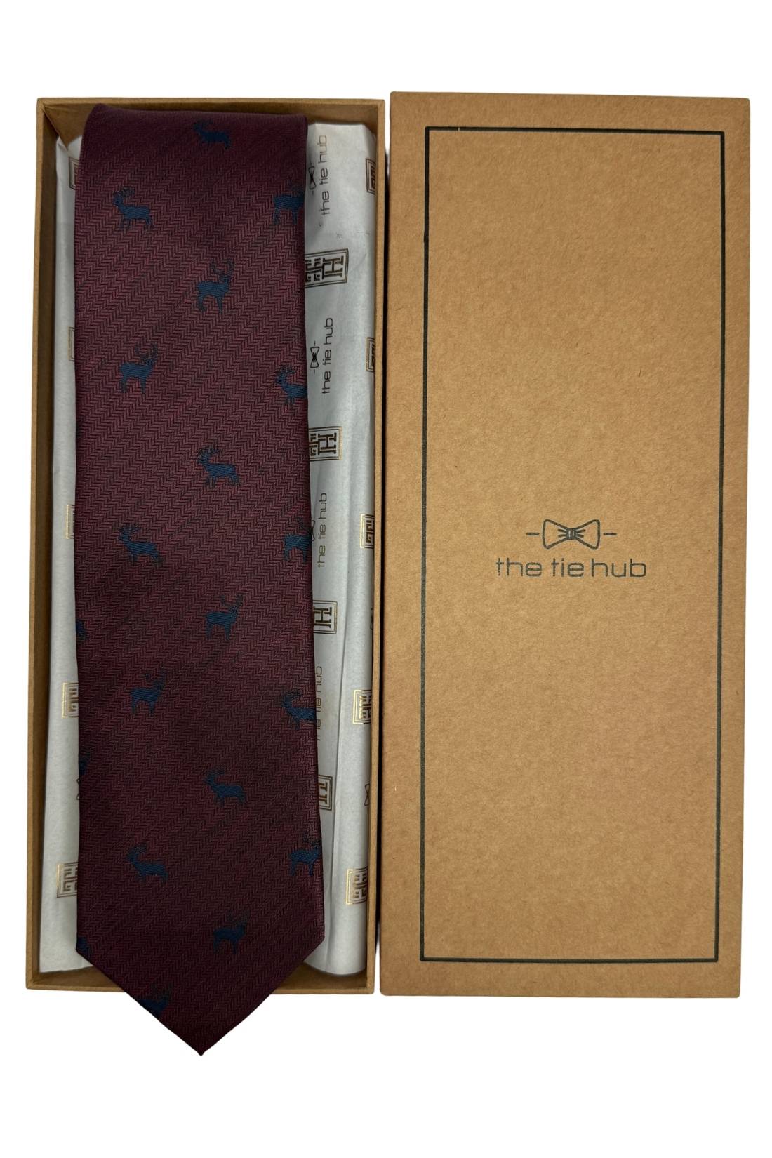 Burgundy Deer Motif Silk Necktie