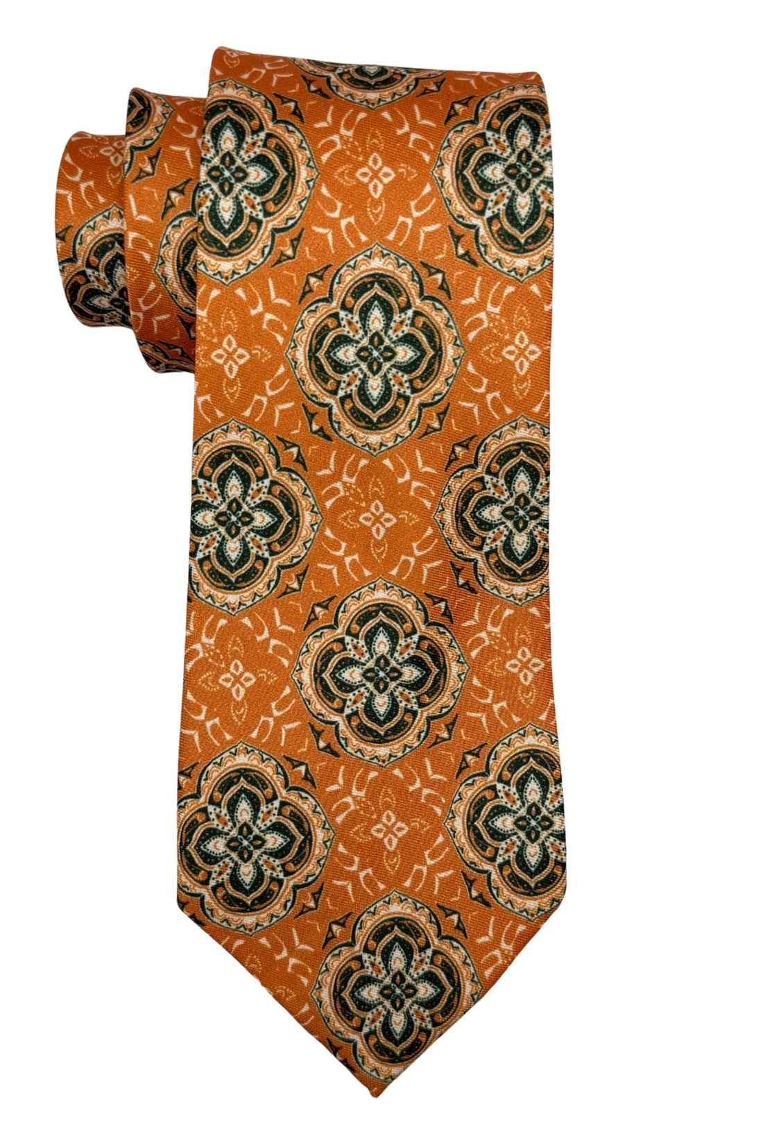 Rust Orange Medallion Necktie with Geometric Motif