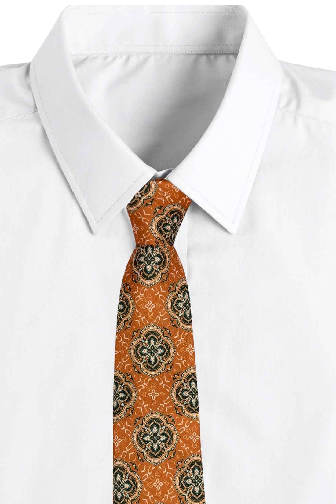 Rust Orange Medallion Necktie with Geometric Motif