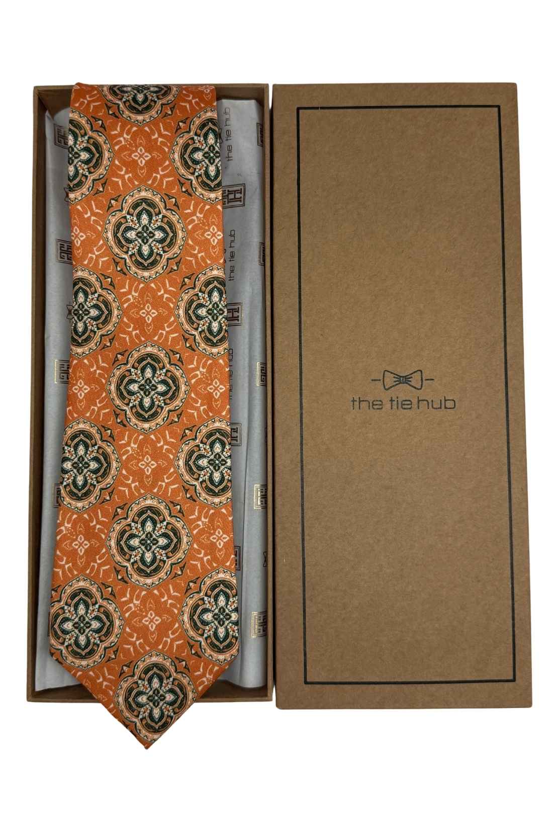 Rust Orange Medallion Necktie with Geometric Motif