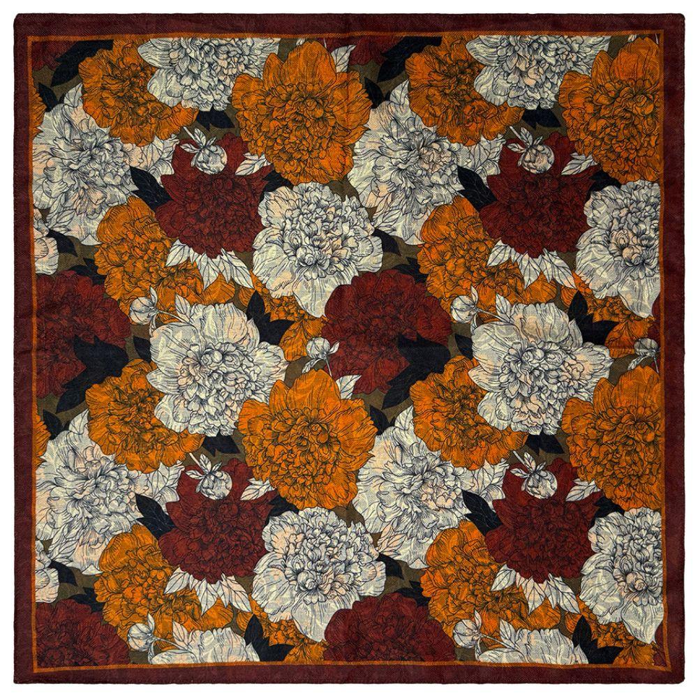 Charcoal Grey & Rust Orange Reversible Wool Neckerchief For Men with Rose Floral Print