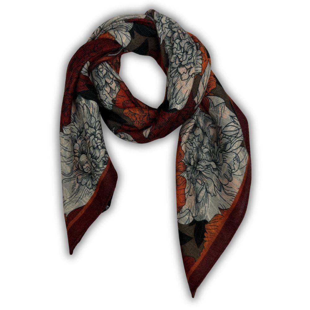 Charcoal Grey & Rust Orange Reversible Wool Neckerchief For Men with Rose Floral Print