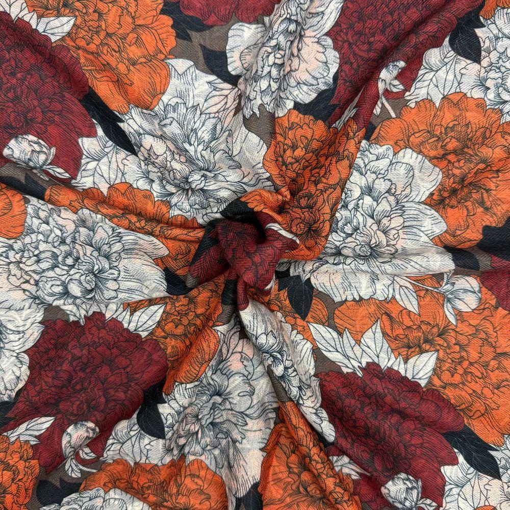 Charcoal Grey & Rust Orange Reversible Wool Neckerchief For Men with Rose Floral Print