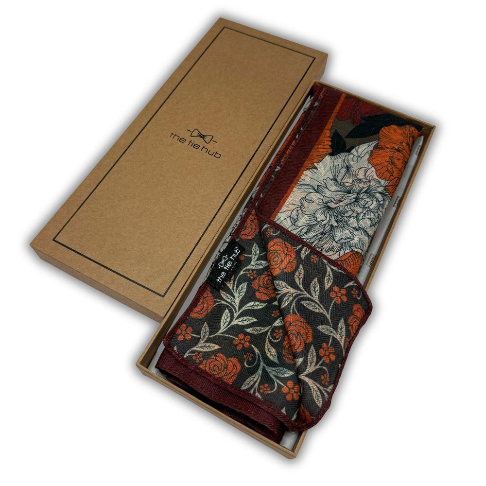 Charcoal Grey & Rust Orange Reversible Wool Neckerchief For Men with Rose Floral Print