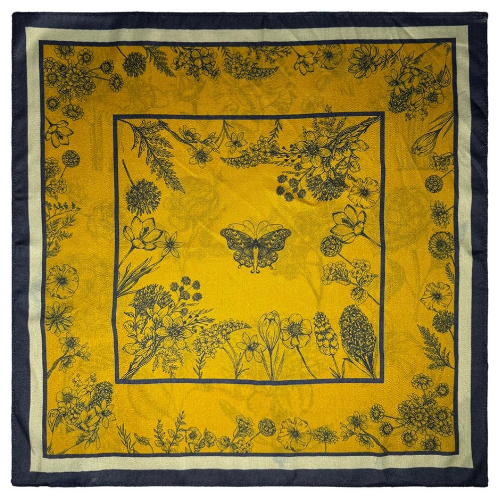 Mustard Yellow & Navy Blue Reversible Wool Neckerchief For Men with Stripe Floral Sketch Print