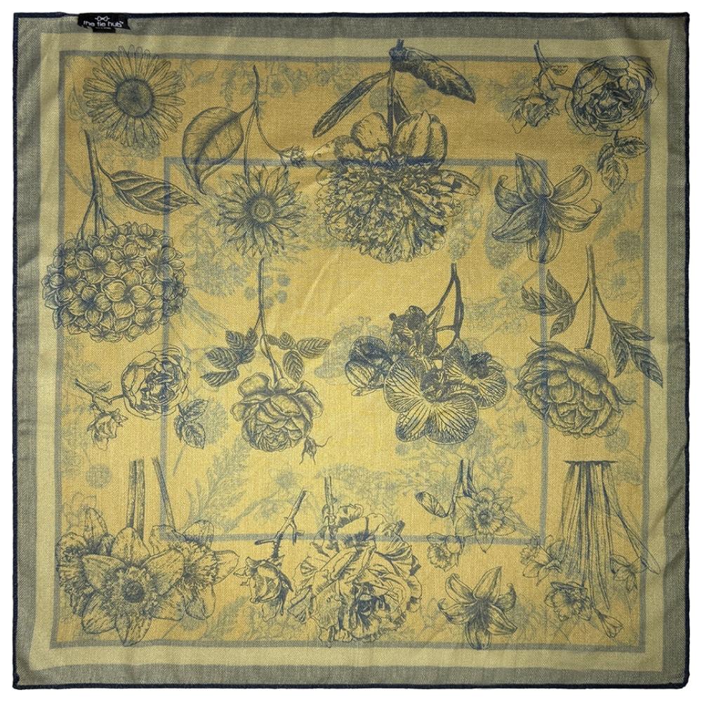 Mustard Yellow & Navy Blue Reversible Wool Neckerchief For Men with Stripe Floral Sketch Print