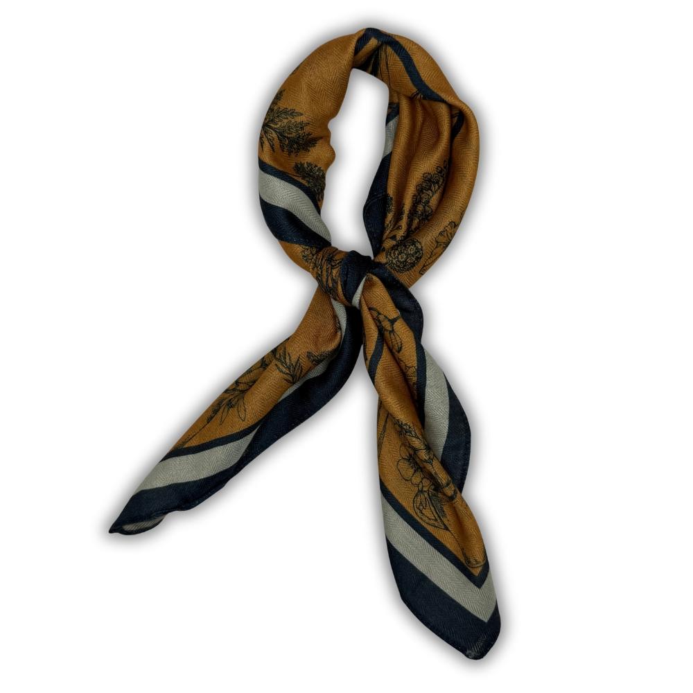 Mustard Yellow & Navy Blue Reversible Wool Neckerchief For Men with Stripe Floral Sketch Print