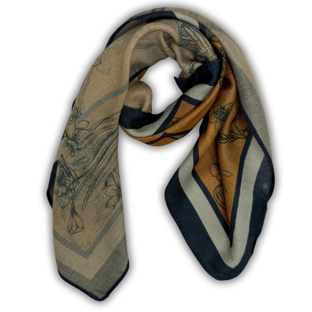 Mustard Yellow & Navy Blue Reversible Wool Neckerchief For Men with Stripe Floral Sketch Print