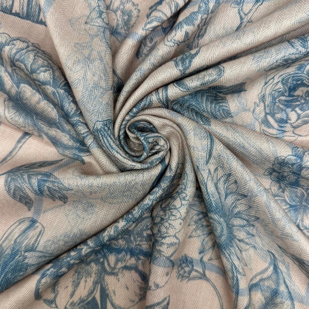 Mustard Yellow & Navy Blue Reversible Wool Neckerchief For Men with Stripe Floral Sketch Print