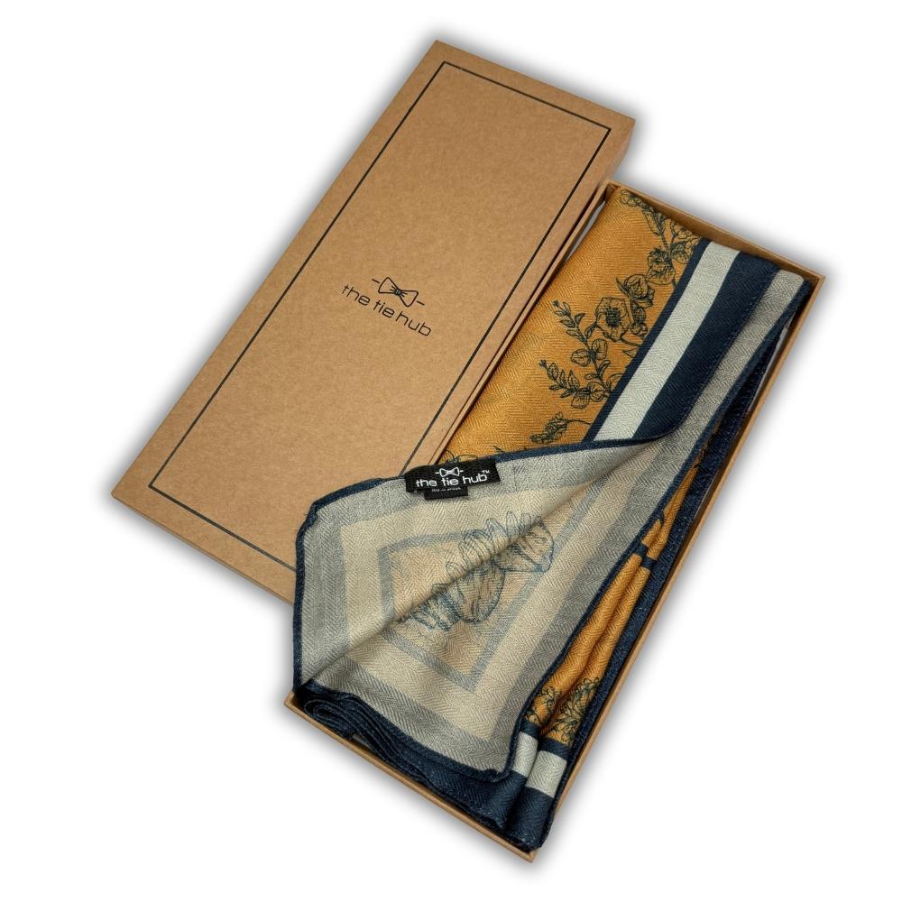 Mustard Yellow & Navy Blue Reversible Wool Neckerchief For Men with Stripe Floral Sketch Print