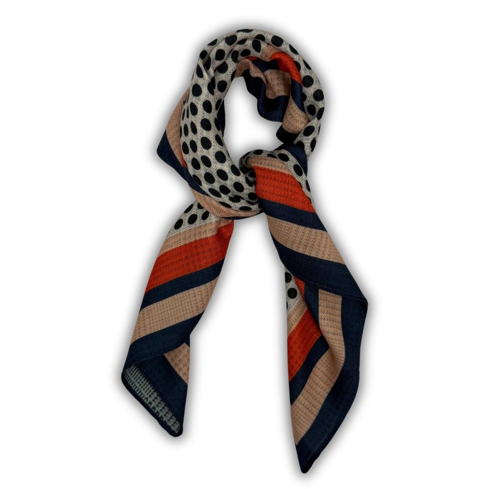 Teal & Navy Blue Reversible Wool Neckerchief For Men with Check and Stripe Mix Print