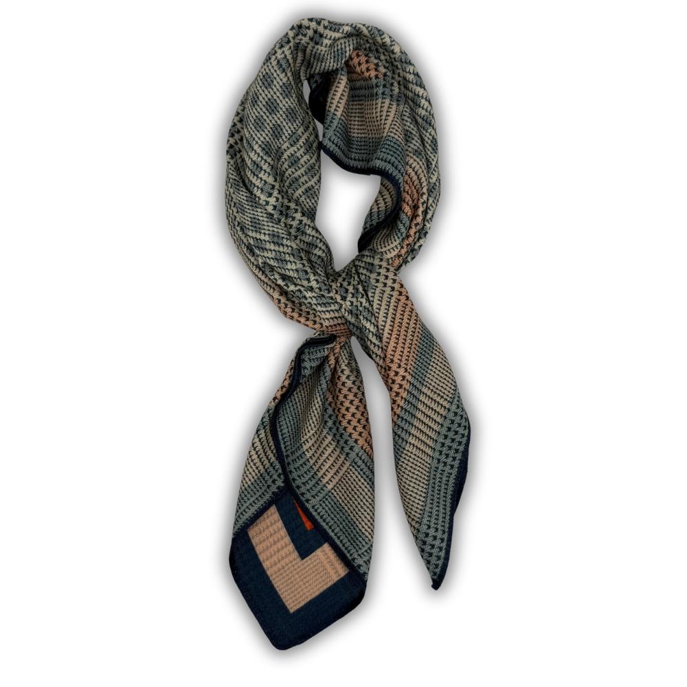 Teal & Navy Blue Reversible Wool Neckerchief For Men with Check and Stripe Mix Print