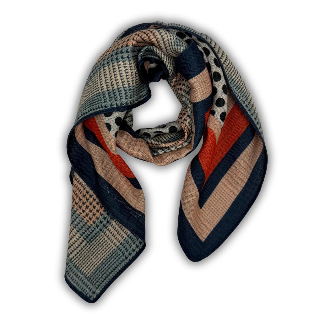 Teal & Navy Blue Reversible Wool Neckerchief For Men with Check and Stripe Mix Print