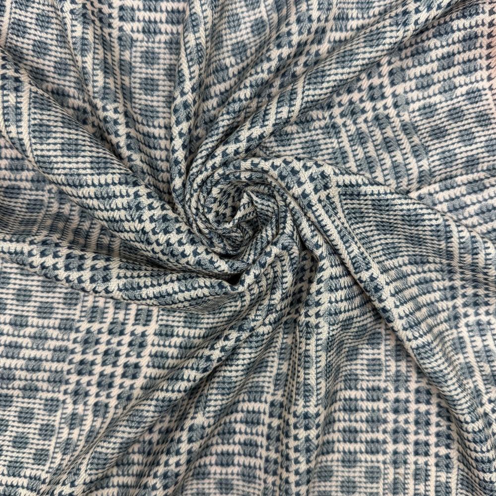 Teal & Navy Blue Reversible Wool Neckerchief For Men with Check and Stripe Mix Print