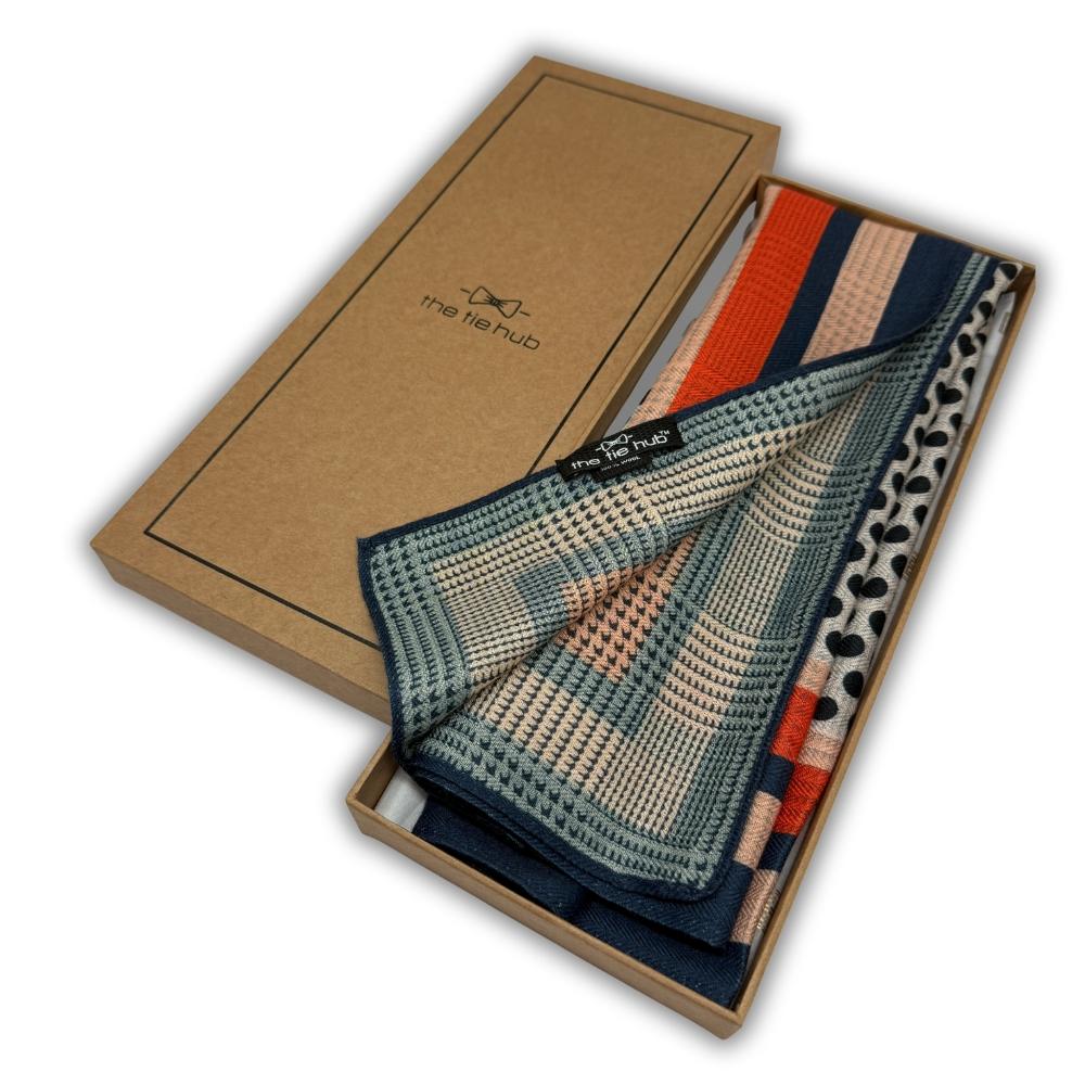 Teal & Navy Blue Reversible Wool Neckerchief For Men with Check and Stripe Mix Print