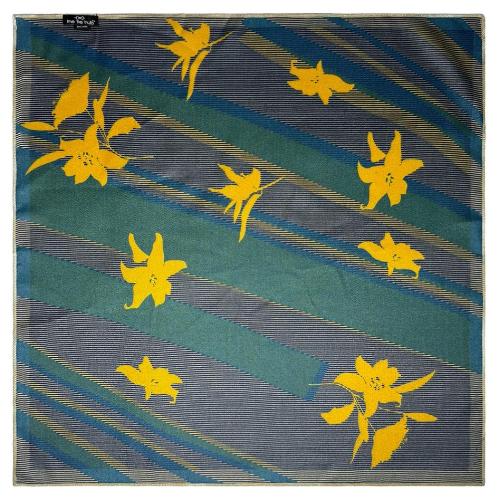 Charcoal Grey & Teal Reversible Wool Neckerchief For Men with Pinstripe Color Block Design