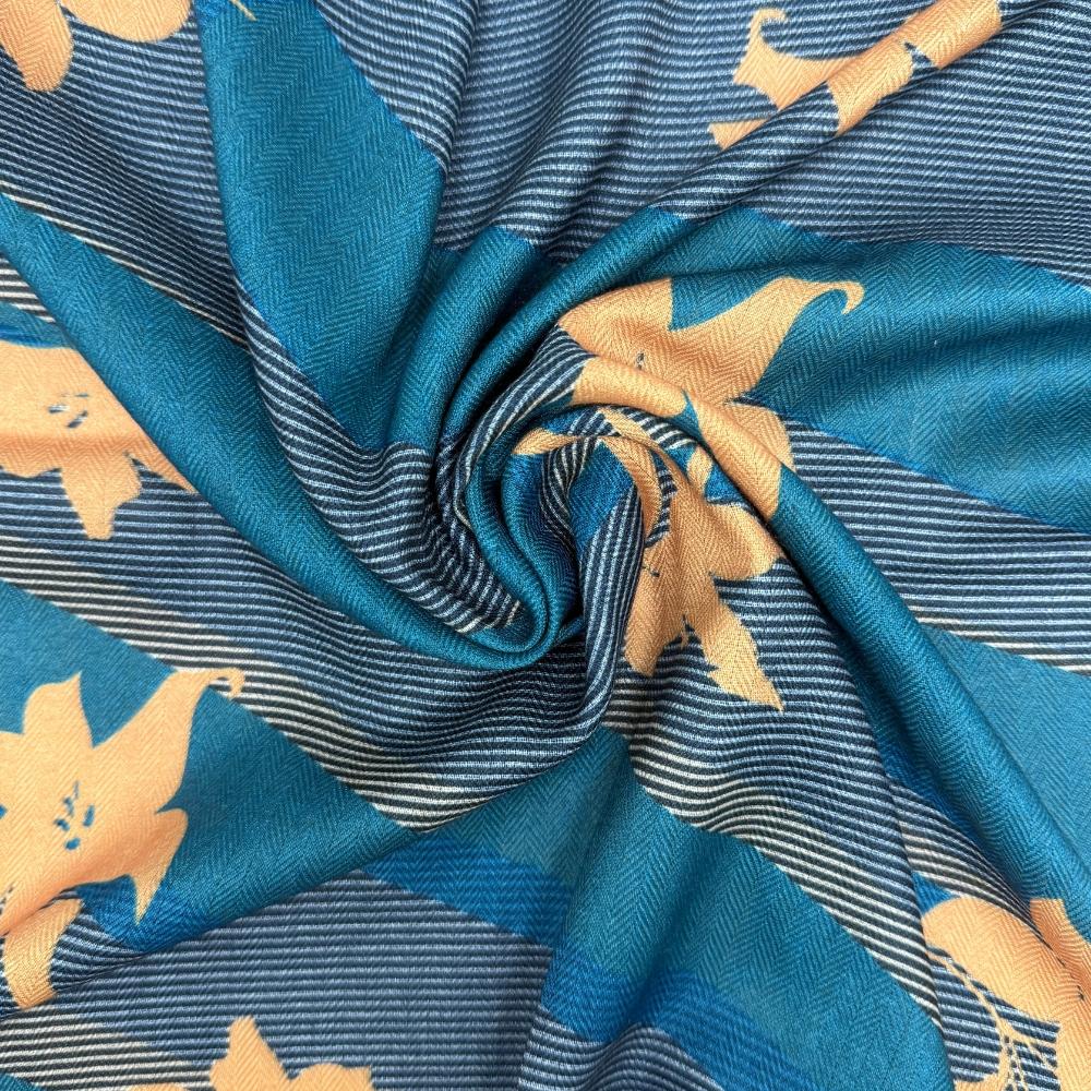 Charcoal Grey & Teal Reversible Wool Neckerchief For Men with Pinstripe Color Block Design