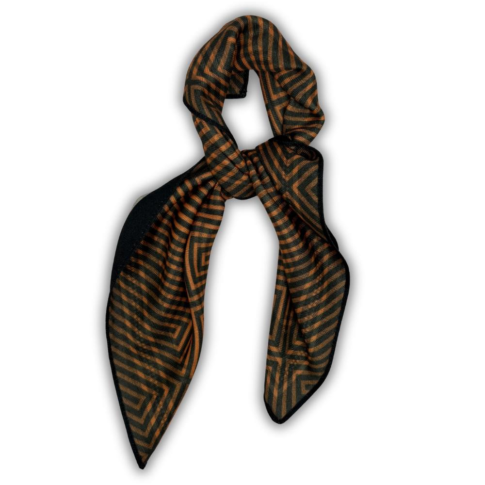 Black & Rust Orange Reversible Wool Neckerchief For Men with Geometric Maze Print