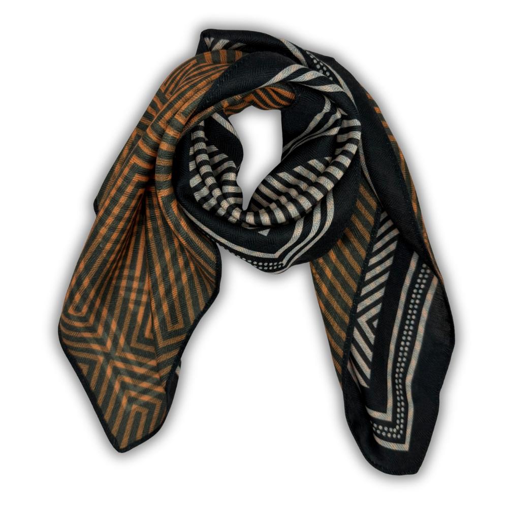 Black & Rust Orange Reversible Wool Neckerchief For Men with Geometric Maze Print