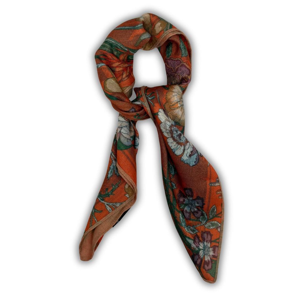 Orange, Green & Teal Blue Reversible Wool Neckerchief For Men with Botanical Floral Print