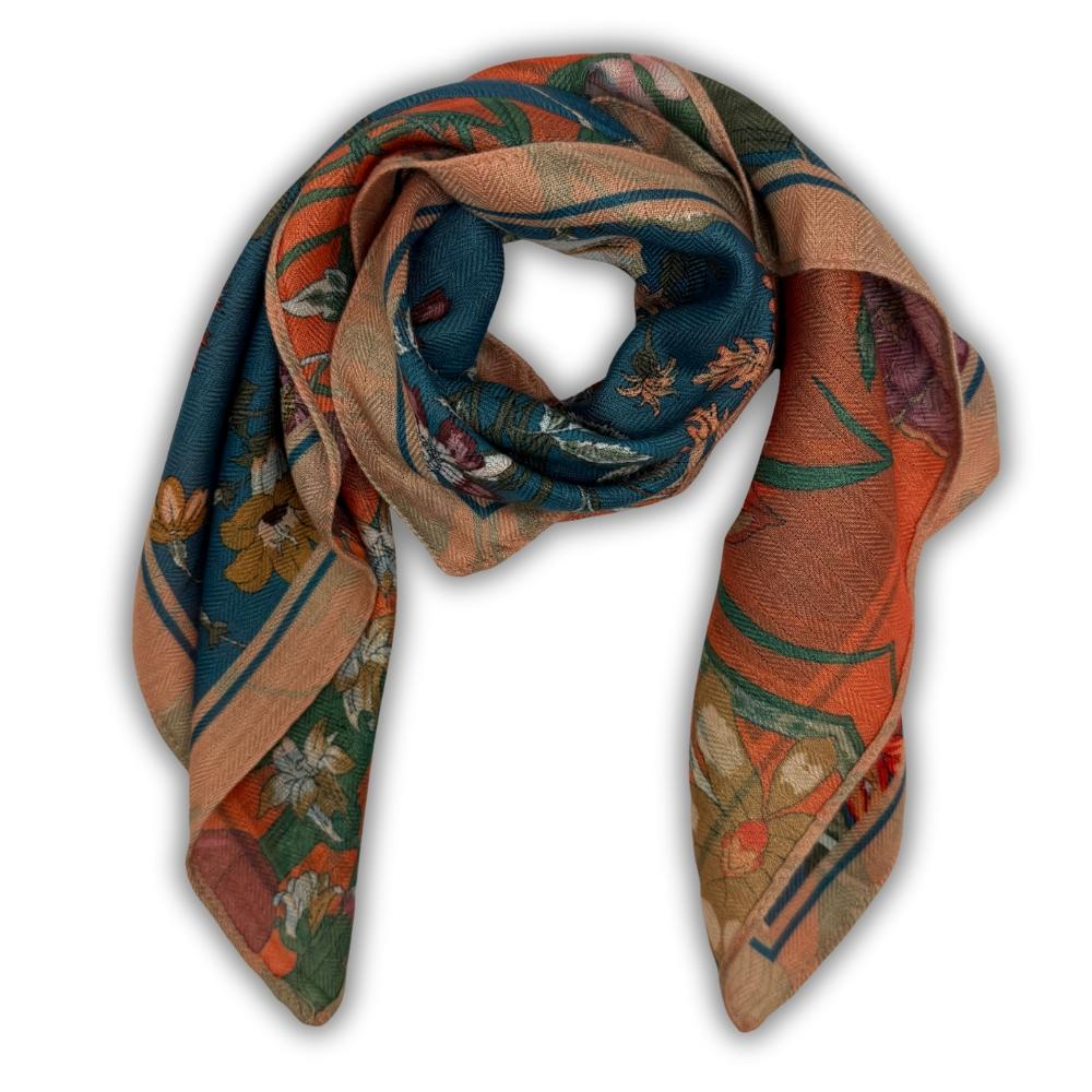 Orange, Green & Teal Blue Reversible Wool Neckerchief For Men with Botanical Floral Print