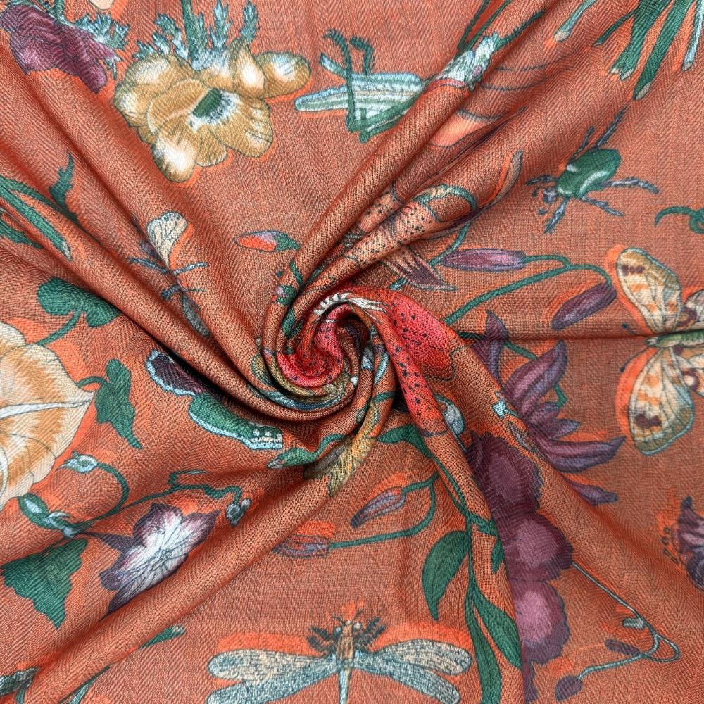 Orange, Green & Teal Blue Reversible Wool Neckerchief For Men with Botanical Floral Print