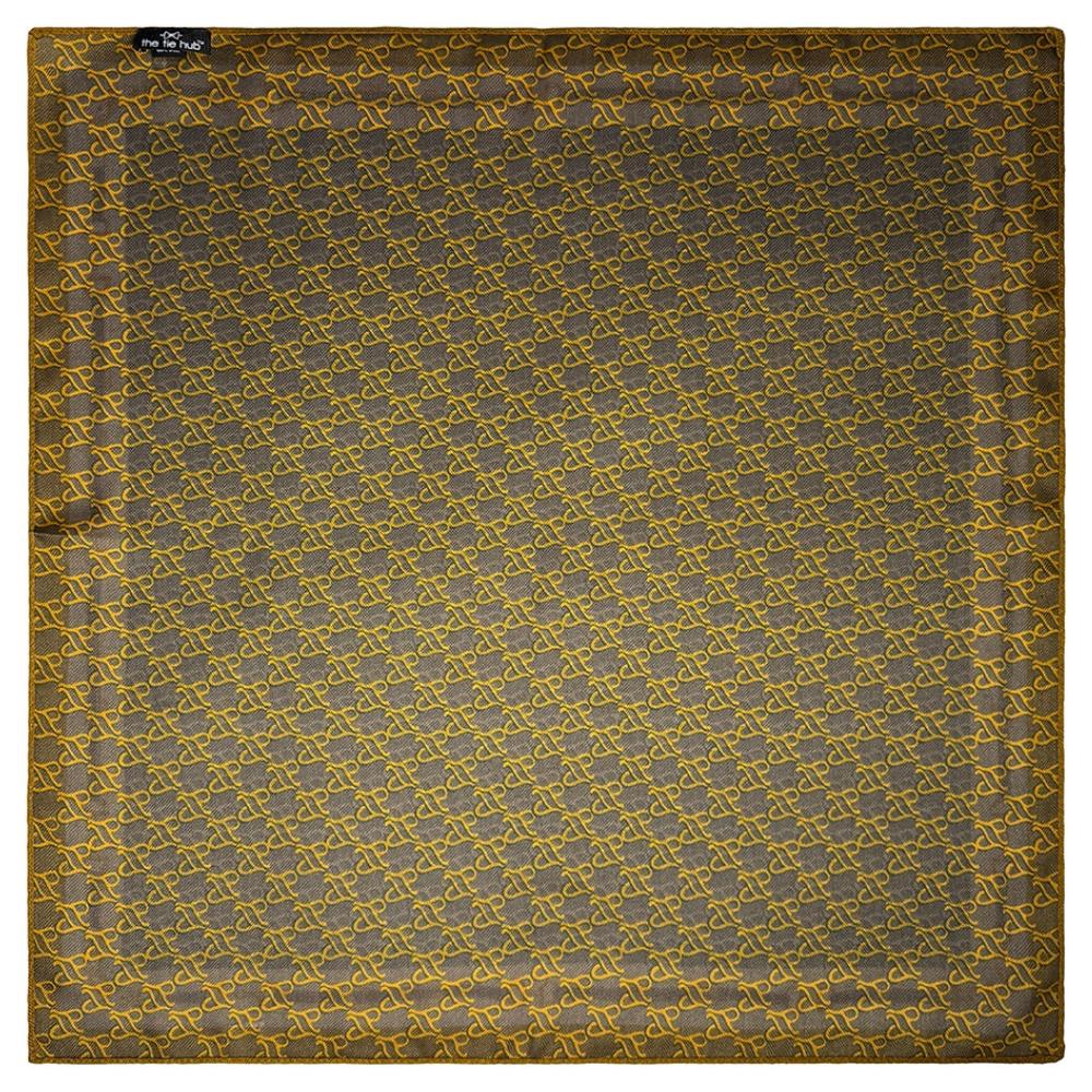 Charcoal Grey & Mustard Reversible Wool Neckerchief For Men with Chain Link Print