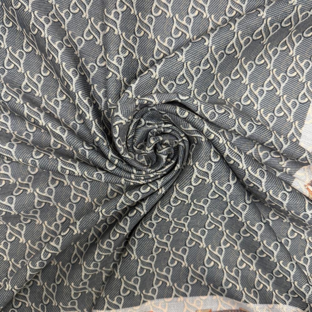 Charcoal Grey & Mustard Reversible Wool Neckerchief For Men with Chain Link Print