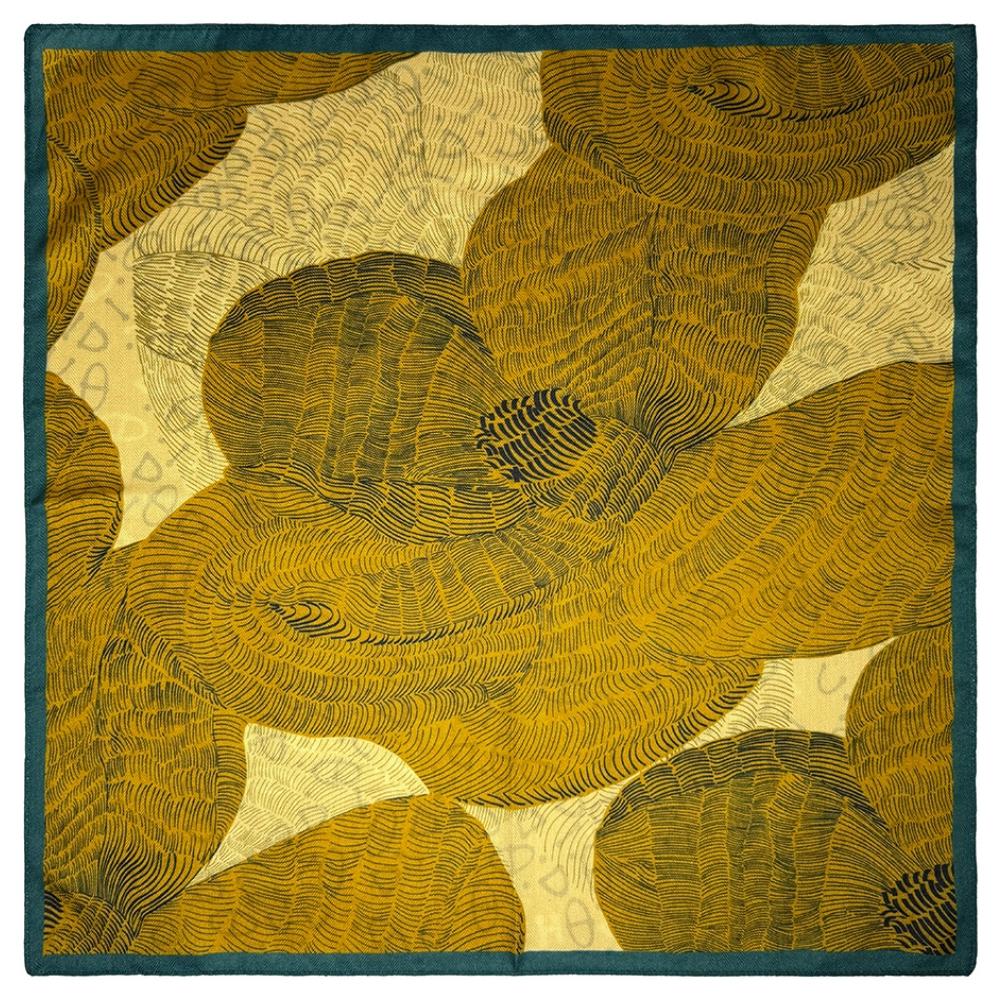 Mustard Yellow & Teal Reversible Wool Neckerchief For Men with Abstract Leaf Print