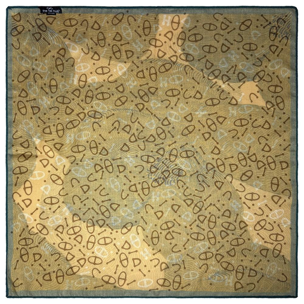 Mustard Yellow & Teal Reversible Wool Neckerchief For Men with Abstract Leaf Print