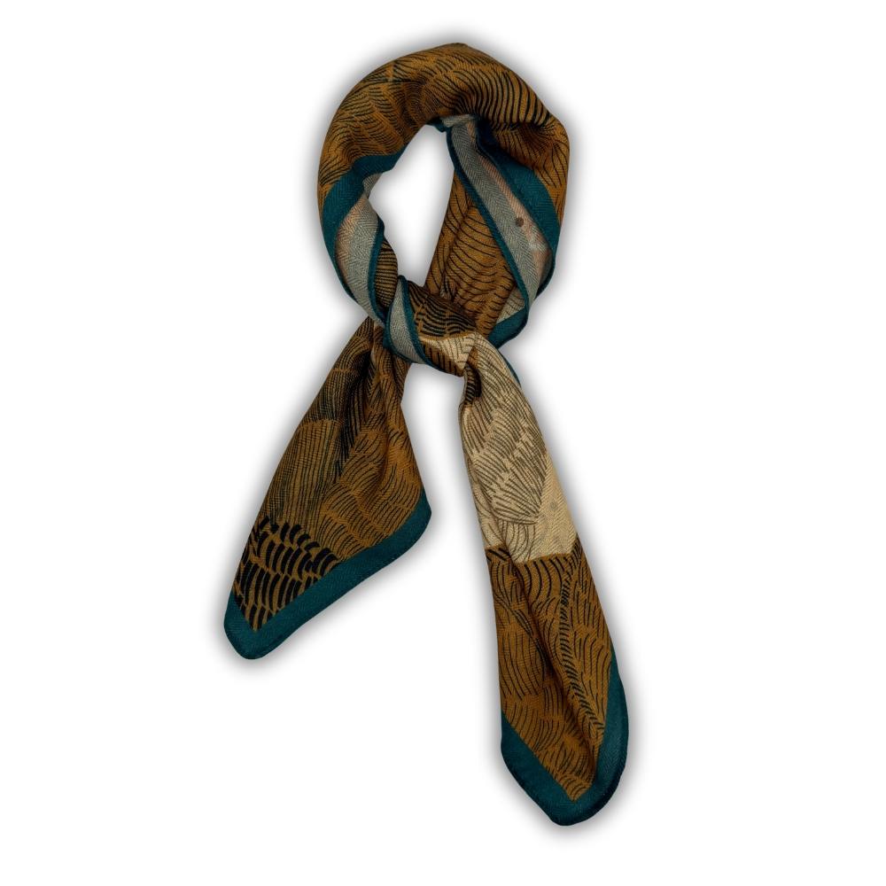 Mustard Yellow & Teal Reversible Wool Neckerchief For Men with Abstract Leaf Print