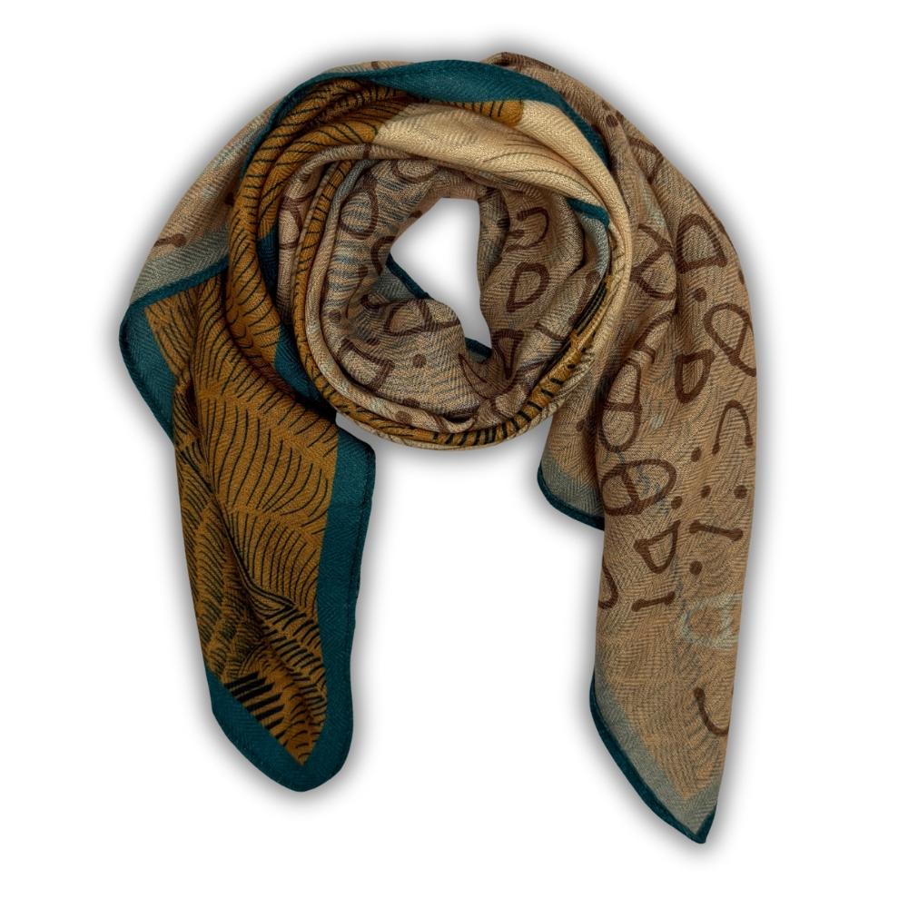Mustard Yellow & Teal Reversible Wool Neckerchief For Men with Abstract Leaf Print