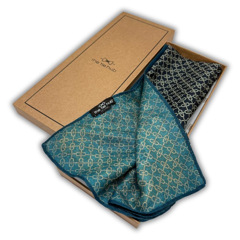 Teal & Black Reversible Wool Neckerchief for Men - Chain Link