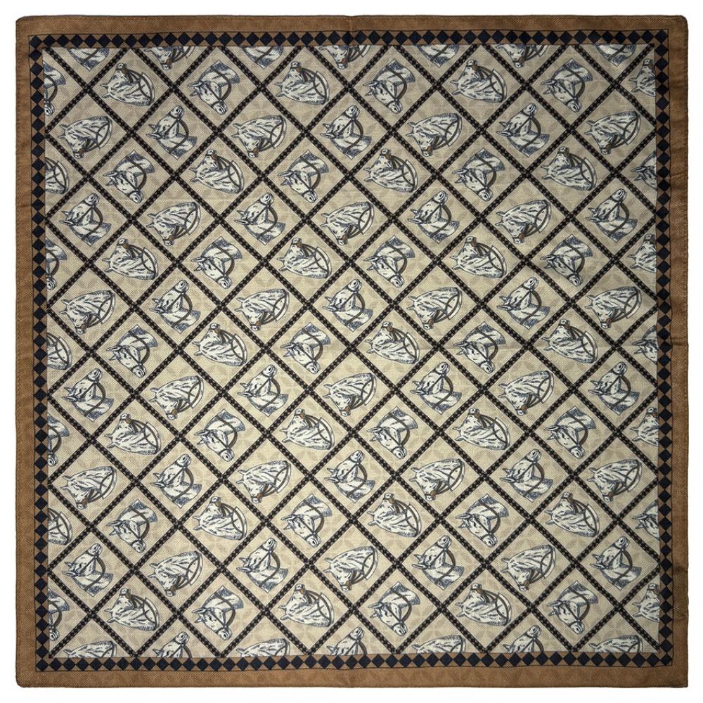 Beige & Brown Reversible Wool Neckerchief for Men - Equestrian Print & Geometric