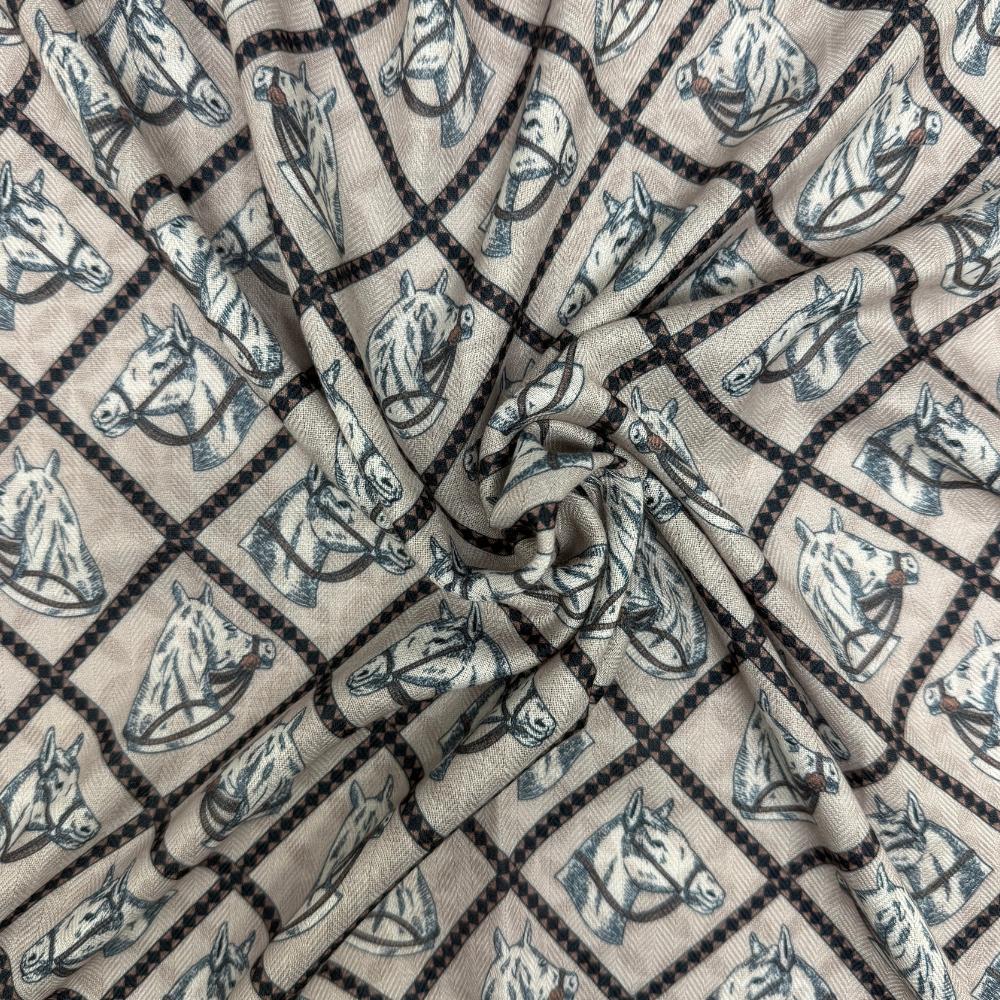 Beige & Brown Reversible Wool Neckerchief for Men - Equestrian Print & Geometric