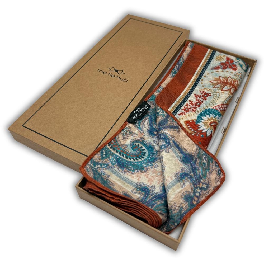 Rust & Teal Reversible Wool Neckerchief for Men - Paisley & Floral