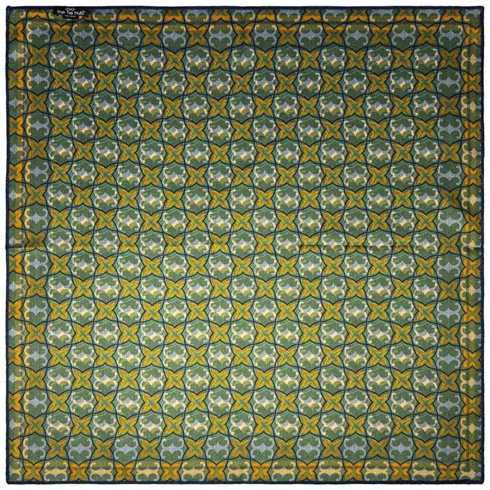 Green & Navy Reversible Wool Neckerchief for Men - Star Grid & Stripe