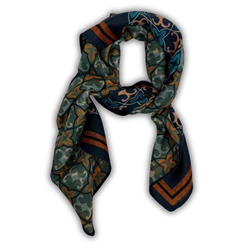 Green & Navy Reversible Wool Neckerchief for Men - Star Grid & Stripe