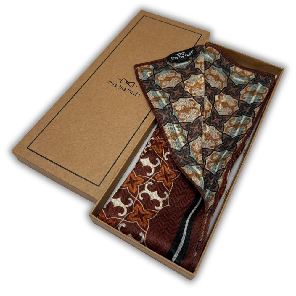 Maroon, Beige & Teal Reversible Wool Scarf For Men with Mosaic Star Print