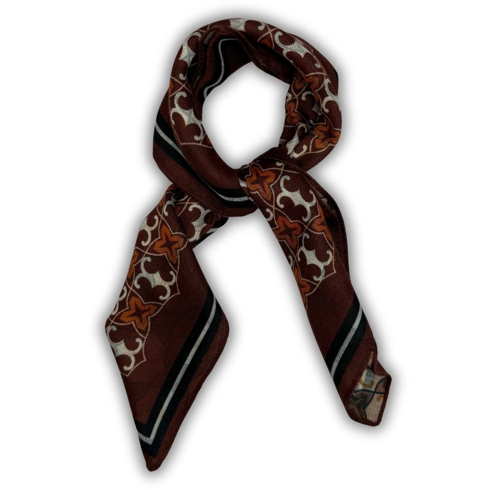 Maroon, Beige & Teal Reversible Wool Neckerchief For Men with Mosaic Star Print