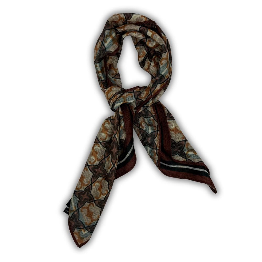 Maroon, Beige & Teal Reversible Wool Neckerchief For Men with Mosaic Star Print