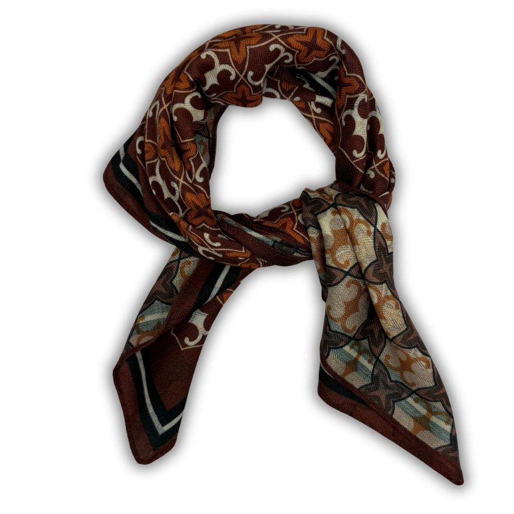 Maroon, Beige & Teal Reversible Wool Neckerchief For Men with Mosaic Star Print