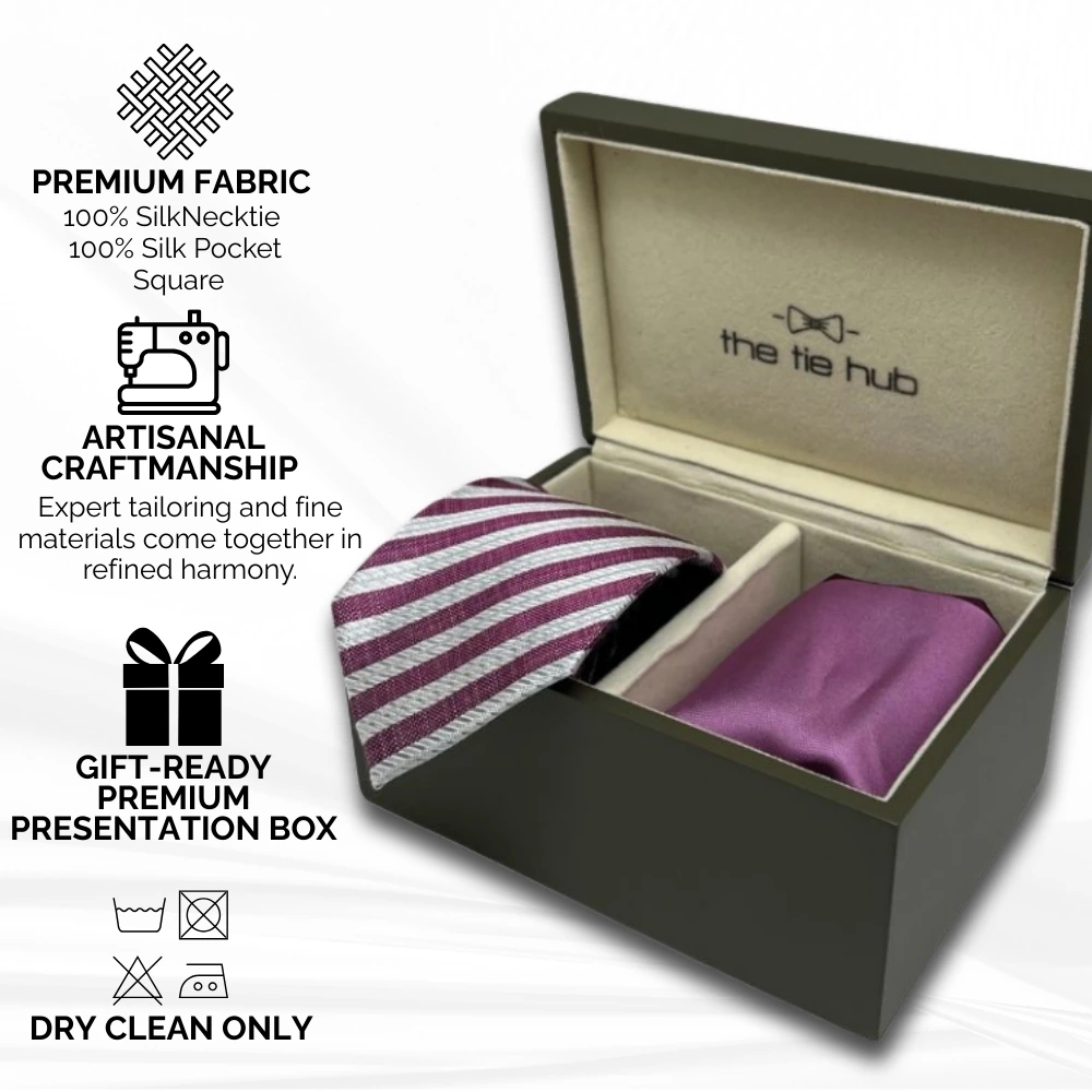 Pink Striped Necktie with Matching Pocket Square - Perfect for Any Occasion
