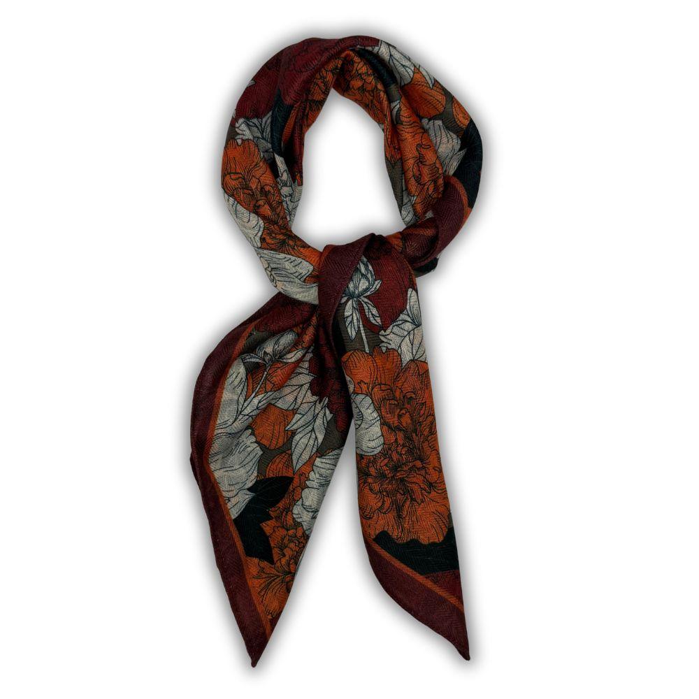 Charcoal Grey & Rust Orange Reversible Wool Neckerchief For Men with Rose Floral Print