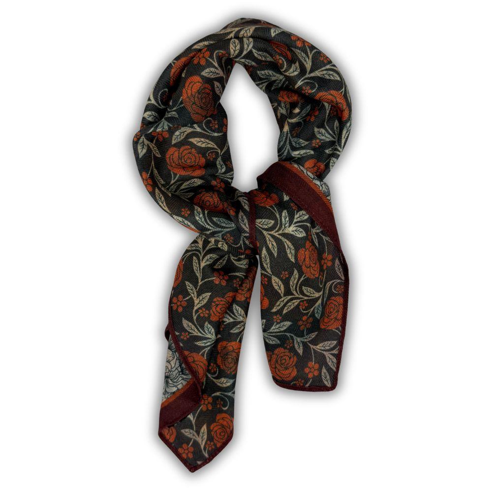 Charcoal Grey & Rust Orange Reversible Wool Neckerchief For Men with Rose Floral Print