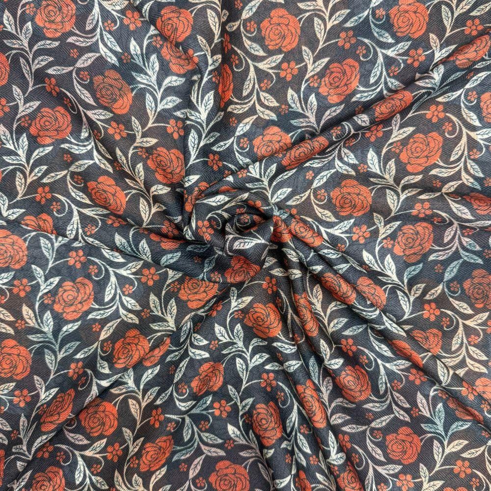 Charcoal Grey & Rust Orange Reversible Wool Neckerchief For Men with Rose Floral Print