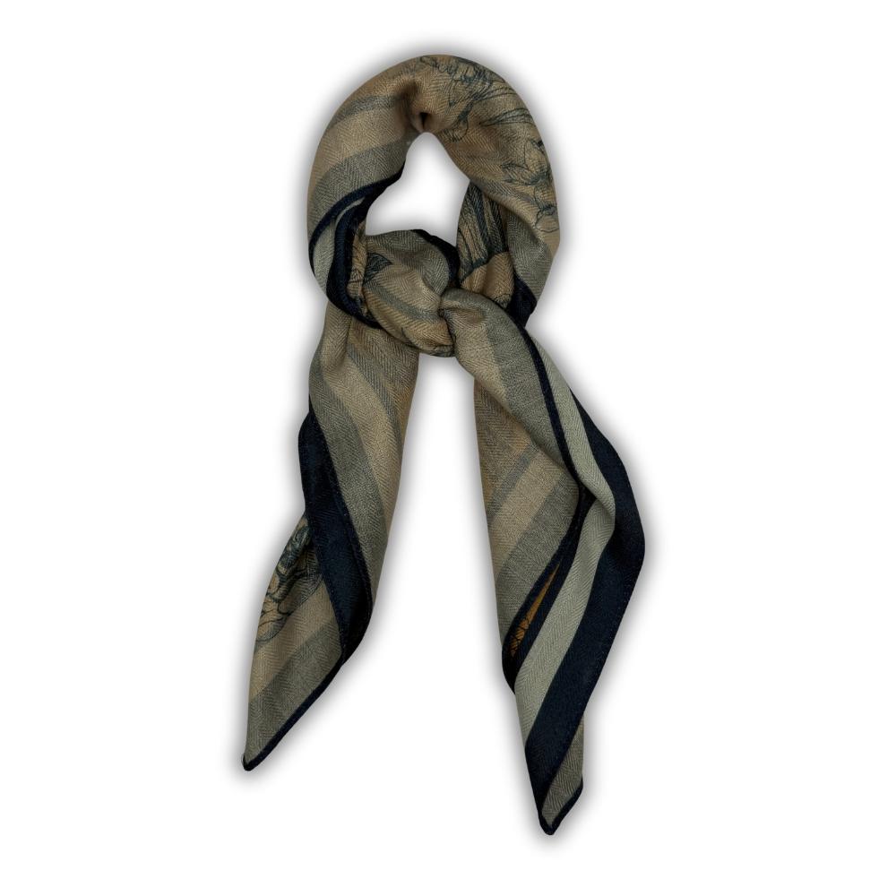 Mustard Yellow & Navy Blue Reversible Wool Neckerchief For Men with Stripe Floral Sketch Print